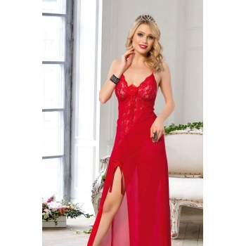 MARSiLYAN-  Kırmızı Dantel İşlemeli Yırtmaçlı Fantezi Uzun Gecelik