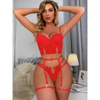 MARSiLYAN- Kırmızı Dantelli Jartiyer Fantezi Seksi Büstiyer Takımı
