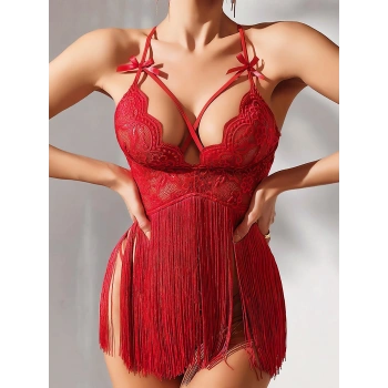 MARSiLYAN-  Kırmızı Püsküllü Dantel Detaylı Fantezi Gecelik