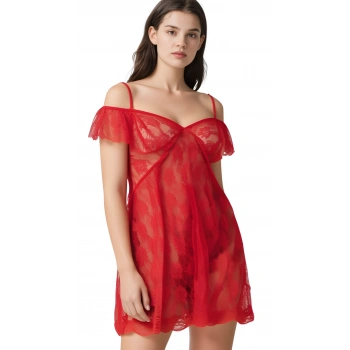 MARSiLYAN-  Kırmızı Tül Mini Gecelik Zarif Kadın Gece Elbisesi