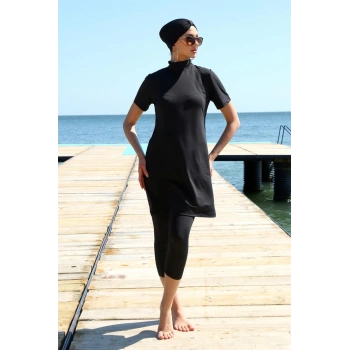 MARSiLYAN- Kısa Kol Siyah Yarım Tesettür Mayo