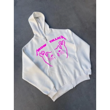 MARSiLYAN- Kışlık Baskılı Fermuarlı Kapüşonlu Hırka - Beyaz