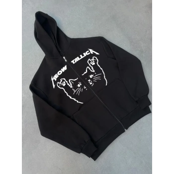 MARSiLYAN- Kışlık Baskılı Fermuarlı Kapüşonlu Hırka - Siyah