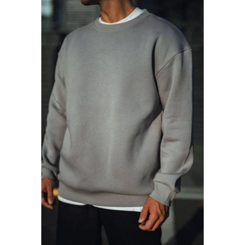 MARSiLYAN- Kışlık Bisiklet Yaka Üç İplik Basic SweatShirt - Boyalı Gri