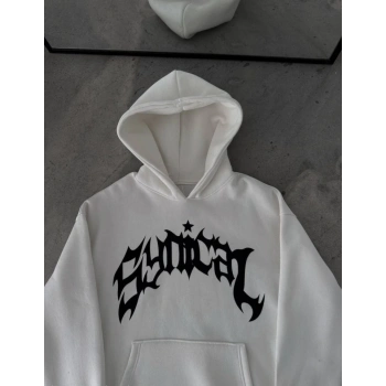 MARSiLYAN- Kışlık Kapşonlu Baskılı Oversize SweatShirt- Beyaz