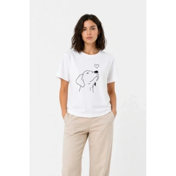 MARSiLYAN- Köpek Figürlü Minimal Baskılı Tişört Kısa Kol Yazlık T-Shirt - Beyaz