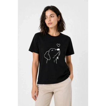 MARSiLYAN- Köpek Figürlü Minimal Baskılı Tişört Kısa Kol Yazlık T-Shirt - Siyah