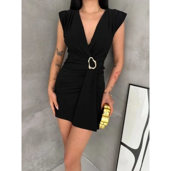 MARSiLYAN- Kruvaze Drapeli Tokalı Mini Elbise Şık Gece Davet Abiye - Siyah