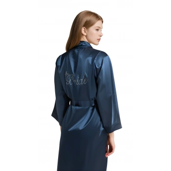 MARSiLYAN-  Lacivert Saten Bride Sabahlık Zarif Kadın Ev Giyim