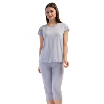 MARSiLYAN- Likralı Viskon V Yaka Kısa Kol Eteği Oval Kapri Ta