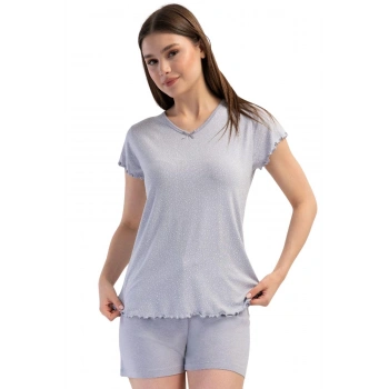 MARSiLYAN- Likralı Viskon V Yaka Kısa Kol Eteği Oval Şort Tak