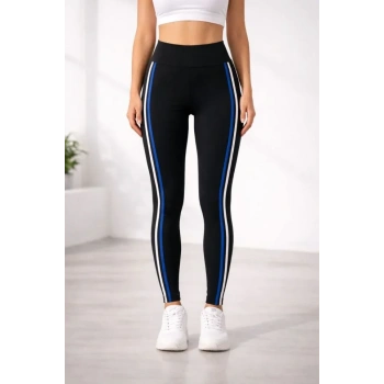 MARSiLYAN- Likralı Yan Beyaz Mavi Şeritli Detaylı Tayt - Siyah