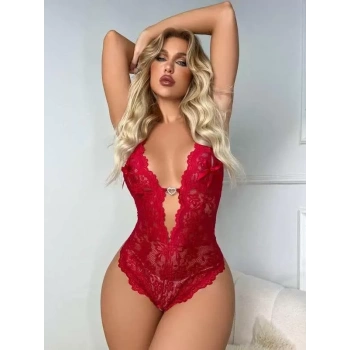 MARSiLYAN- Metal Kalp Aksesuarlı Fantezi Dantelli Kırmızı Body