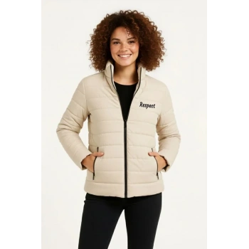 MARSiLYAN- Mikro Su İtici Kapitone Baskılı Astarlı Fermuarlı Bomber Mont - Bej