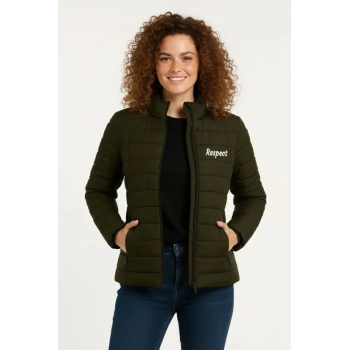 MARSiLYAN- Mikro Su İtici Kapitone Baskılı Astarlı Fermuarlı Bomber Mont - Haki