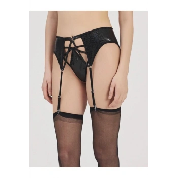 MARSiLYAN- Moonlight 3219 Siyah Deri Görünümlü Jartiyer String Takımı