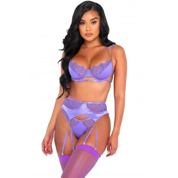 MARSiLYAN-  Mor Dantel İşlemeli Zincir Detaylı Fantezi Jartiyer Takımı