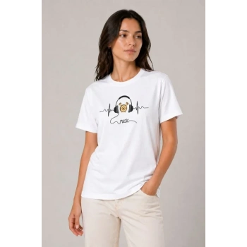 MARSiLYAN- Müzik Temalı Baskılı Tişört Bisiklet Yaka Kısa Kol T-Shirt - Beyaz