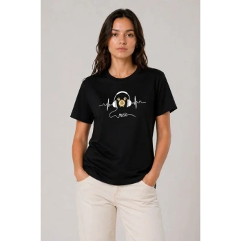 MARSiLYAN- Müzik Temalı Baskılı Tişört Bisiklet Yaka Kısa Kol T-Shirt - Siyah