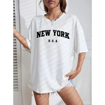 MARSiLYAN- New York Baskılı Oversize Bisiklet Yaka T-shirt - Beyaz