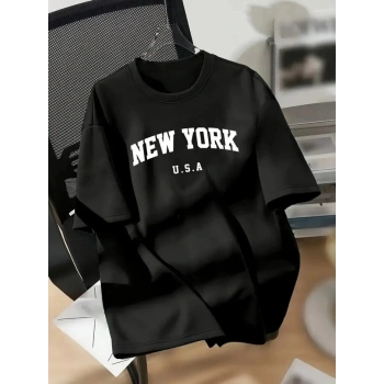 MARSiLYAN- New York Baskılı Oversize Bisiklet Yaka T-shirt - Siyah