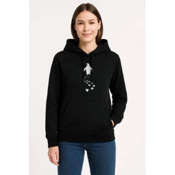 MARSiLYAN- Nihilist Penguen Temalı Oversize Kapüşonlu Sweatshirt - Siyah