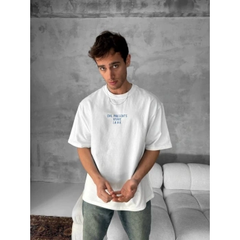 MARSiLYAN- Ön Ve Arka Baskılı Oversize Bisiklet Yaka T-shirt- Beyaz