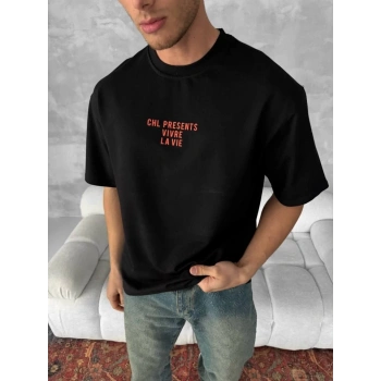 MARSiLYAN- Ön Ve Arka Baskılı Oversize Bisiklet Yaka T-shirt- Siyah