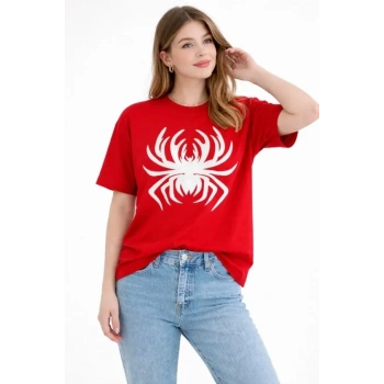 MARSiLYAN- Örümcek Baskılı Tişört Kısa Kollu Bisiklet Yaka T-Shirt - Kırmızı