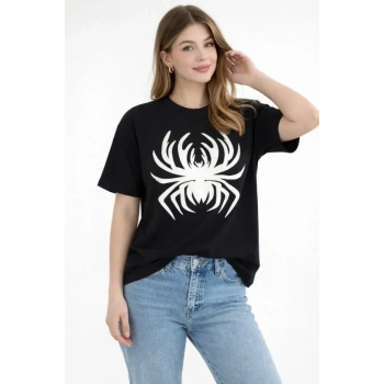 MARSiLYAN- Örümcek Baskılı Tişört Kısa Kollu Bisiklet Yaka T-Shirt - Siyah