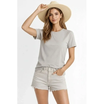 MARSiLYAN- Osy Modal Yumuşak Dokulu Kumaş Bisiklet Yaka T-shirt - Gri