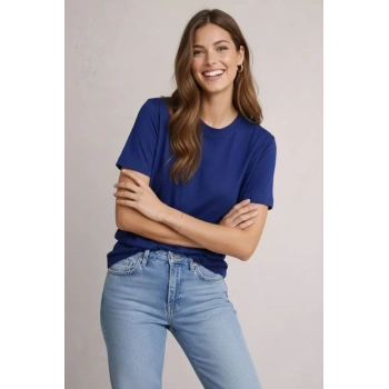 MARSiLYAN- Osy Modal Yumuşak Dokulu Kumaş Bisiklet Yaka T-shirt - Lacivert