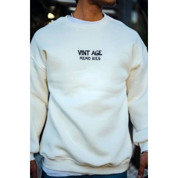 MARSiLYAN- Oversize Bisiklet Yaka Üç İplik Baskılı SweatShirt - Beyaz