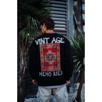 MARSiLYAN- Oversize Bisiklet Yaka Üç İplik Baskılı SweatShirt - Siyah