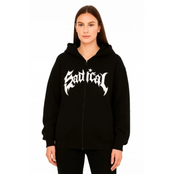 MARSiLYAN- Oversize Kapüşonlu Sweatshirt  Hoodie 3 İplik Şardonlu Pamuklu Kumaş, Önü Baskılı, Fermuarlı Rahat Kalıp, Kışlık Ve Sokak Stili Sweat - Siyah