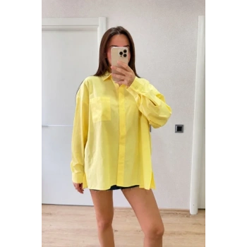 MARSiLYAN- Oversize Pens Detaylı Cepli Yırtmaçlı Rahat Kalıp Poplin Gömlek - Sarı