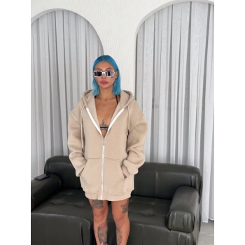 MARSiLYAN- Oversize Tam Fermuarlı Uzun Kol Hırka - Bej