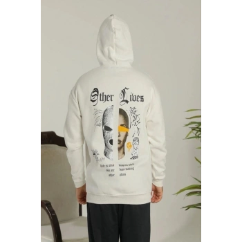 MARSiLYAN- Oversize Üç İplik Şardonlu Kapüşonlu Sweatshirt – Beyaz “Other Lives” Ön Ve Arka Baskılı, Kanguru Cepli, Ribanalı Rahat Kışlık Model Beyaz