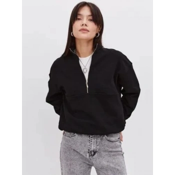 MARSiLYAN- Oversize Yarım Farmuarlı Yakalı Basic SweatShirt - Siyah