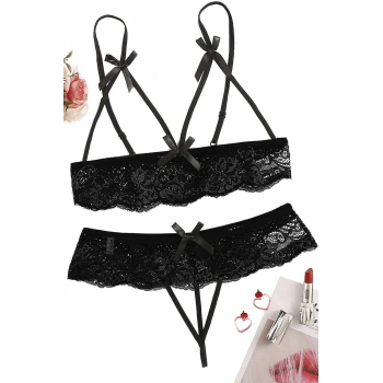 MARSİLYAN-- Özel Bölgesi Açık Siyah Fantazi İç Giyim Sütyen Külot