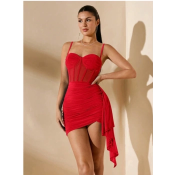 MARSiLYAN-  Özel Şık Tasarım Kırmızı Korse Görünümlü Mini Club Elbisesi