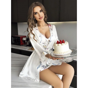 MARSiLYAN-  Özel Tasarım Çiçek Desenli Göğüs Dekolteli Sabahlıklı 2li Beyaz Saten Gecelik Takımı