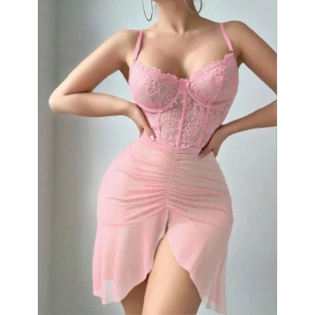 MARSiLYAN-  Özel Tasarım Fırfırlı Dantel İşlemeli Tül Fantezi Pembe Gecelik