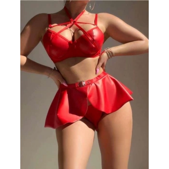 MARSiLYAN- Özel Tasarım Kırmızı Etekli Fantezi Deri Şık Elbise