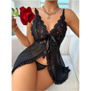 MARSiLYAN- Özel Tasarım Siyah Dantel İşlemeli Yırtmaçlı Kurdelalı Tül Fantezi Şık Gecelik