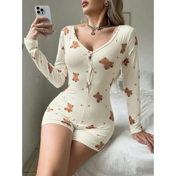 MARSiLYAN-  Pamuklu Ekru Ayıcık Desenli Düğmeli Tulum Pijama