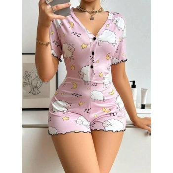 MARSiLYAN-  Pamuklu Pembe Kuzu Desenli Düğmeli Uzun Kol Tulum Pijama