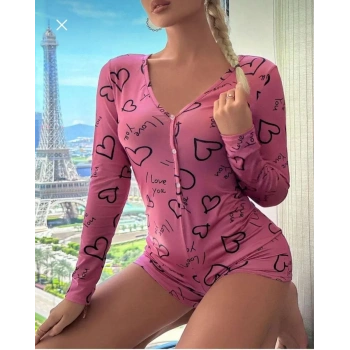 MARSiLYAN- Pamuklu Pembe Siyah Kalp Desenli Düğmeli Uzun Kol Tulum Pijama