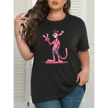 MARSiLYAN- Pembe Panter Baskılı Oversize Bisiklet Yaka Tshirt  Beyaz