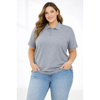 MARSiLYAN- Pike Kumaş Düğmeli Yaka Battal Büyük Beden Günlük Kısa Kol Tişört T-shirt - Gri